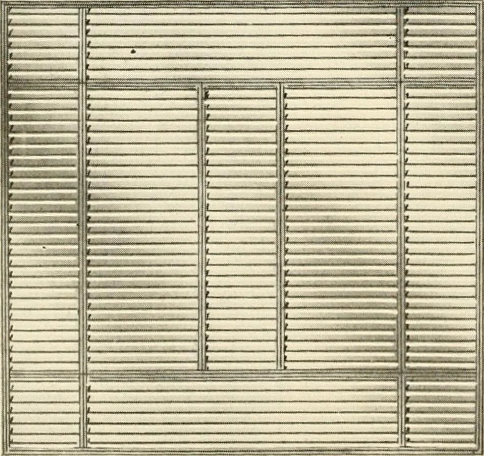 An illustration from International art glass catalogue : art and beveled glass in all its branches : church, memorial, society and domestic windows, Art Nouveau, prism, mitre beveled plate, leaded bevel, etc., 1914, leaf 15