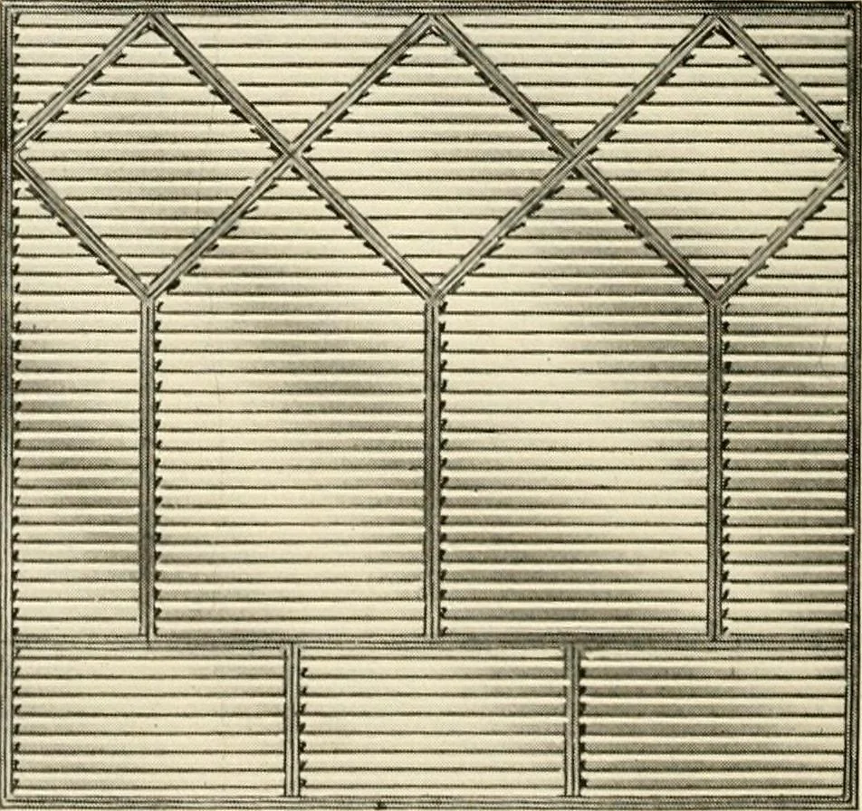 An illustration from International art glass catalogue : art and beveled glass in all its branches : church, memorial, society and domestic windows, Art Nouveau, prism, mitre beveled plate, leaded bevel, etc., 1914, leaf 15