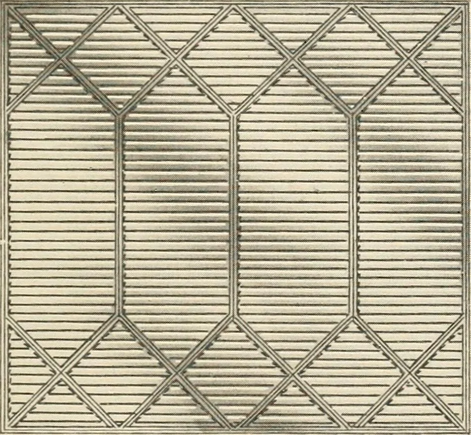 An illustration from International art glass catalogue : art and beveled glass in all its branches : church, memorial, society and domestic windows, Art Nouveau, prism, mitre beveled plate, leaded bevel, etc., 1914, leaf 16