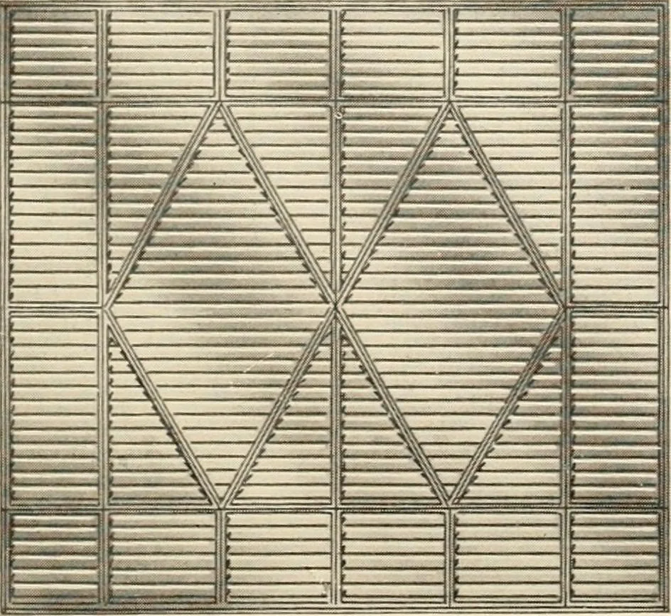 An illustration from International art glass catalogue : art and beveled glass in all its branches : church, memorial, society and domestic windows, Art Nouveau, prism, mitre beveled plate, leaded bevel, etc., 1914, leaf 16