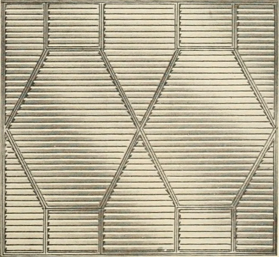 An illustration from International art glass catalogue : art and beveled glass in all its branches : church, memorial, society and domestic windows, Art Nouveau, prism, mitre beveled plate, leaded bevel, etc., 1914, leaf 16