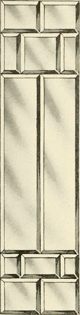 An illustration from International art glass catalogue : art and beveled glass in all its branches : church, memorial, society and domestic windows, Art Nouveau, prism, mitre beveled plate, leaded bevel, etc., 1914, leaf 19