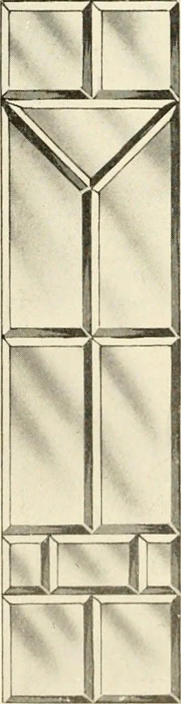 An illustration from International art glass catalogue : art and beveled glass in all its branches : church, memorial, society and domestic windows, Art Nouveau, prism, mitre beveled plate, leaded bevel, etc., 1914, leaf 19