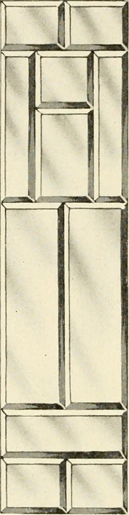 An illustration from International art glass catalogue : art and beveled glass in all its branches : church, memorial, society and domestic windows, Art Nouveau, prism, mitre beveled plate, leaded bevel, etc., 1914, leaf 19