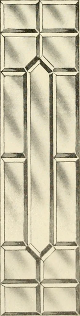 An illustration from International art glass catalogue : art and beveled glass in all its branches : church, memorial, society and domestic windows, Art Nouveau, prism, mitre beveled plate, leaded bevel, etc., 1914, leaf 19