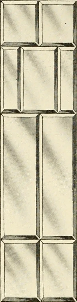 An illustration from International art glass catalogue : art and beveled glass in all its branches : church, memorial, society and domestic windows, Art Nouveau, prism, mitre beveled plate, leaded bevel, etc., 1914, leaf 19