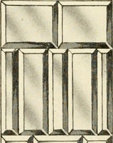 An illustration from International art glass catalogue : art and beveled glass in all its branches : church, memorial, society and domestic windows, Art Nouveau, prism, mitre beveled plate, leaded bevel, etc., 1914, leaf 19