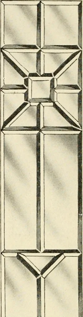 An illustration from International art glass catalogue : art and beveled glass in all its branches : church, memorial, society and domestic windows, Art Nouveau, prism, mitre beveled plate, leaded bevel, etc., 1914, leaf 19
