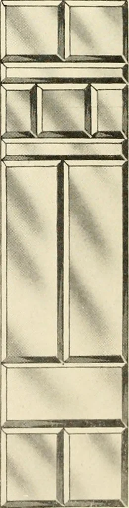 An illustration from International art glass catalogue : art and beveled glass in all its branches : church, memorial, society and domestic windows, Art Nouveau, prism, mitre beveled plate, leaded bevel, etc., 1914, leaf 19