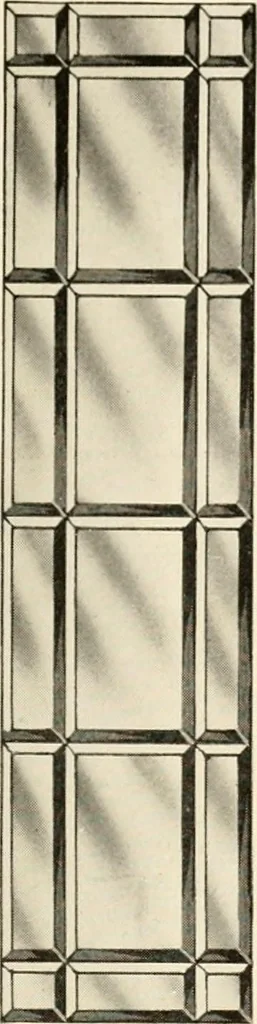 An illustration from International art glass catalogue : art and beveled glass in all its branches : church, memorial, society and domestic windows, Art Nouveau, prism, mitre beveled plate, leaded bevel, etc., 1914, leaf 20