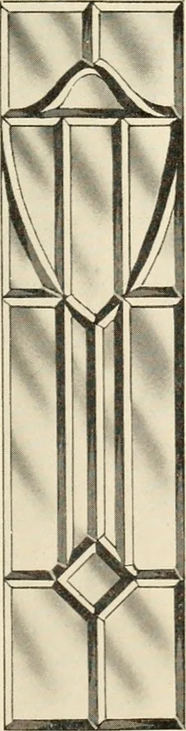 An illustration from International art glass catalogue : art and beveled glass in all its branches : church, memorial, society and domestic windows, Art Nouveau, prism, mitre beveled plate, leaded bevel, etc., 1914, leaf 20