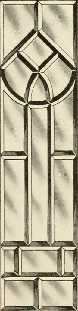 An illustration from International art glass catalogue : art and beveled glass in all its branches : church, memorial, society and domestic windows, Art Nouveau, prism, mitre beveled plate, leaded bevel, etc., 1914, leaf 20