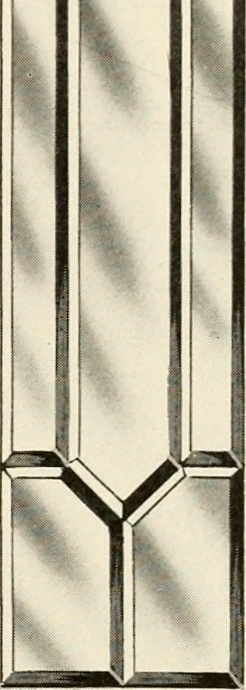 An illustration from International art glass catalogue : art and beveled glass in all its branches : church, memorial, society and domestic windows, Art Nouveau, prism, mitre beveled plate, leaded bevel, etc., 1914, leaf 20