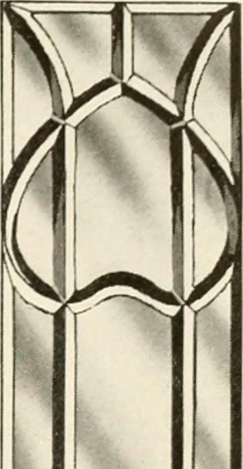 An illustration from International art glass catalogue : art and beveled glass in all its branches : church, memorial, society and domestic windows, Art Nouveau, prism, mitre beveled plate, leaded bevel, etc., 1914, leaf 20