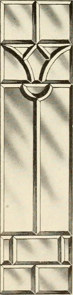 An illustration from International art glass catalogue : art and beveled glass in all its branches : church, memorial, society and domestic windows, Art Nouveau, prism, mitre beveled plate, leaded bevel, etc., 1914, leaf 20