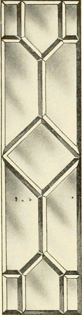 An illustration from International art glass catalogue : art and beveled glass in all its branches : church, memorial, society and domestic windows, Art Nouveau, prism, mitre beveled plate, leaded bevel, etc., 1914, leaf 21
