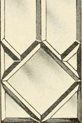 An illustration from International art glass catalogue : art and beveled glass in all its branches : church, memorial, society and domestic windows, Art Nouveau, prism, mitre beveled plate, leaded bevel, etc., 1914, leaf 21