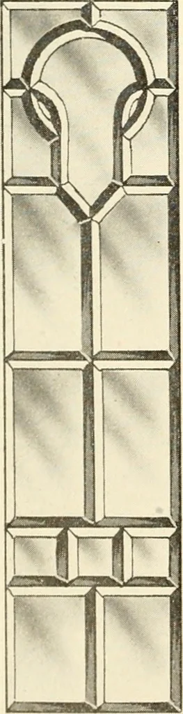 An illustration from International art glass catalogue : art and beveled glass in all its branches : church, memorial, society and domestic windows, Art Nouveau, prism, mitre beveled plate, leaded bevel, etc., 1914, leaf 21