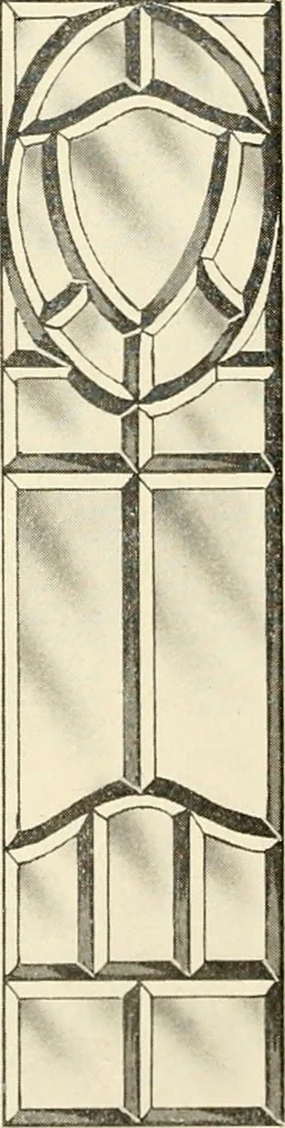 An illustration from International art glass catalogue : art and beveled glass in all its branches : church, memorial, society and domestic windows, Art Nouveau, prism, mitre beveled plate, leaded bevel, etc., 1914, leaf 21