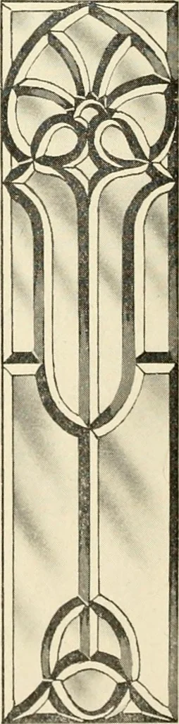 An illustration from International art glass catalogue : art and beveled glass in all its branches : church, memorial, society and domestic windows, Art Nouveau, prism, mitre beveled plate, leaded bevel, etc., 1914, leaf 21