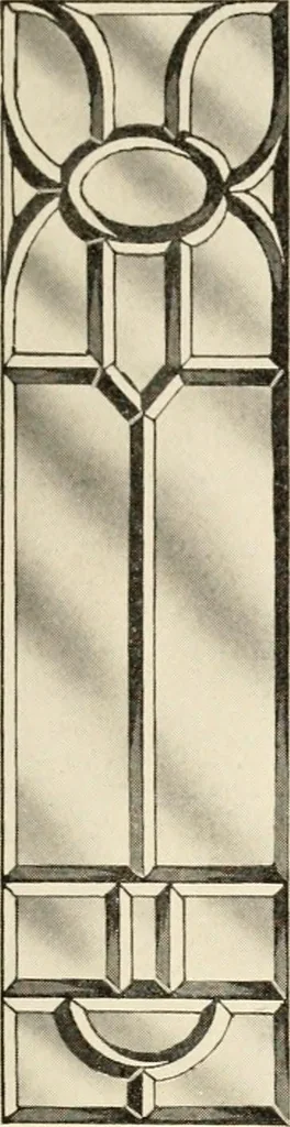 An illustration from International art glass catalogue : art and beveled glass in all its branches : church, memorial, society and domestic windows, Art Nouveau, prism, mitre beveled plate, leaded bevel, etc., 1914, leaf 22