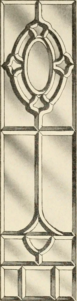 An illustration from International art glass catalogue : art and beveled glass in all its branches : church, memorial, society and domestic windows, Art Nouveau, prism, mitre beveled plate, leaded bevel, etc., 1914, leaf 22