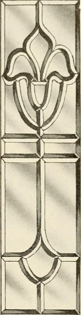 An illustration from International art glass catalogue : art and beveled glass in all its branches : church, memorial, society and domestic windows, Art Nouveau, prism, mitre beveled plate, leaded bevel, etc., 1914, leaf 22