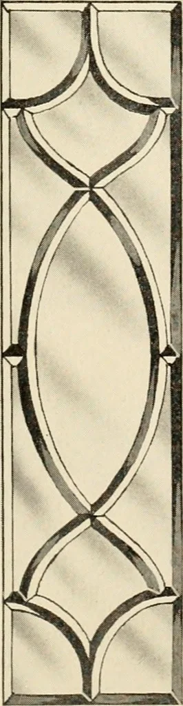 An illustration from International art glass catalogue : art and beveled glass in all its branches : church, memorial, society and domestic windows, Art Nouveau, prism, mitre beveled plate, leaded bevel, etc., 1914, leaf 22