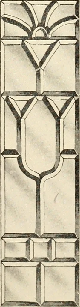 An illustration from International art glass catalogue : art and beveled glass in all its branches : church, memorial, society and domestic windows, Art Nouveau, prism, mitre beveled plate, leaded bevel, etc., 1914, leaf 22