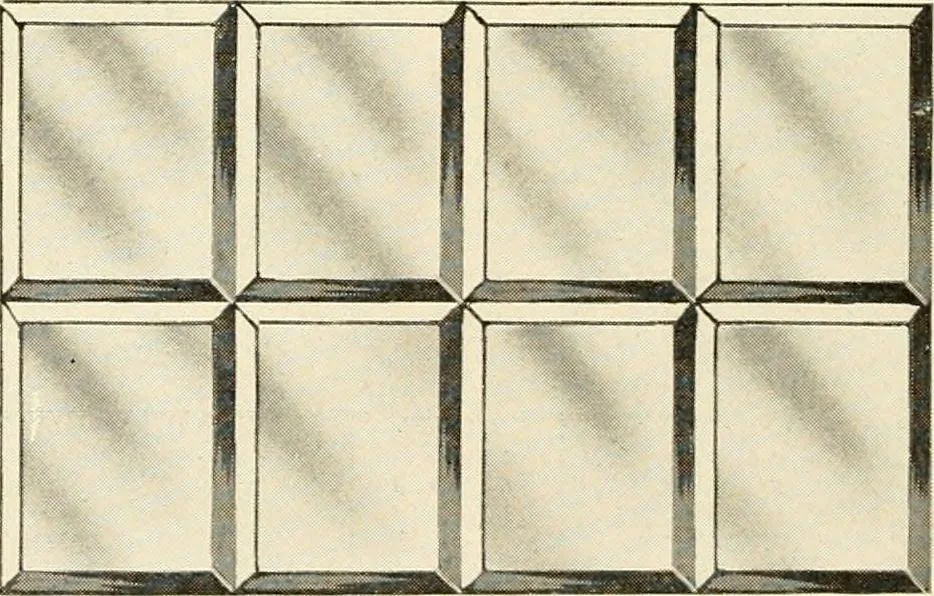 An illustration from International art glass catalogue : art and beveled glass in all its branches : church, memorial, society and domestic windows, Art Nouveau, prism, mitre beveled plate, leaded bevel, etc., 1914, leaf 23
