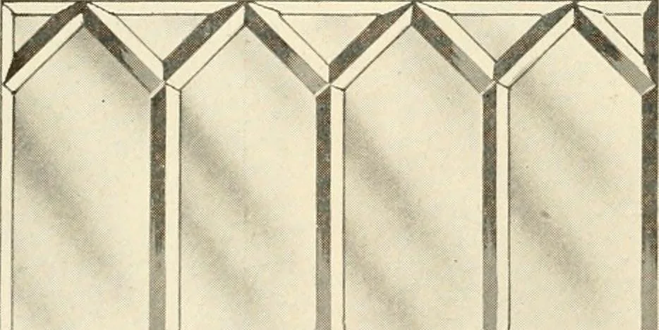 An illustration from International art glass catalogue : art and beveled glass in all its branches : church, memorial, society and domestic windows, Art Nouveau, prism, mitre beveled plate, leaded bevel, etc., 1914, leaf 23