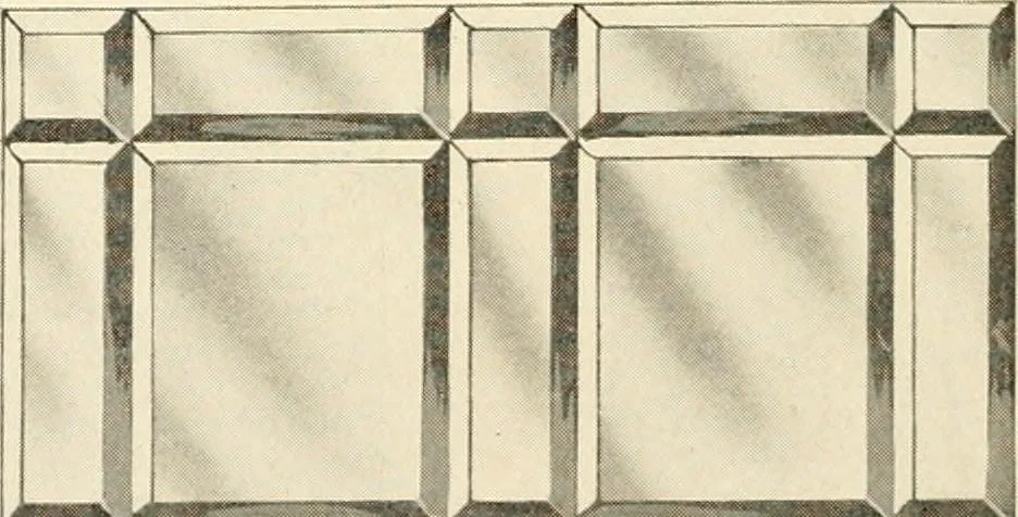 An illustration from International art glass catalogue : art and beveled glass in all its branches : church, memorial, society and domestic windows, Art Nouveau, prism, mitre beveled plate, leaded bevel, etc., 1914, leaf 23