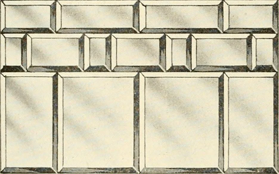 An illustration from International art glass catalogue : art and beveled glass in all its branches : church, memorial, society and domestic windows, Art Nouveau, prism, mitre beveled plate, leaded bevel, etc., 1914, leaf 23