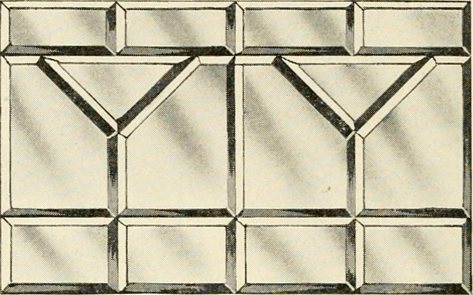 An illustration from International art glass catalogue : art and beveled glass in all its branches : church, memorial, society and domestic windows, Art Nouveau, prism, mitre beveled plate, leaded bevel, etc., 1914, leaf 23