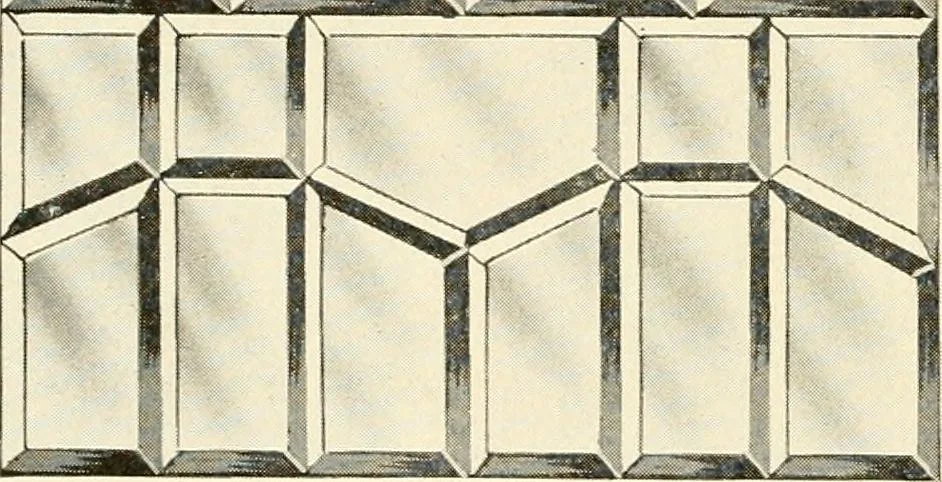 An illustration from International art glass catalogue : art and beveled glass in all its branches : church, memorial, society and domestic windows, Art Nouveau, prism, mitre beveled plate, leaded bevel, etc., 1914, leaf 23