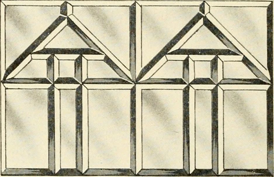 An illustration from International art glass catalogue : art and beveled glass in all its branches : church, memorial, society and domestic windows, Art Nouveau, prism, mitre beveled plate, leaded bevel, etc., 1914, leaf 23