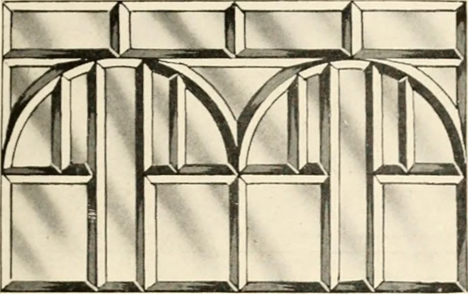 An illustration from International art glass catalogue : art and beveled glass in all its branches : church, memorial, society and domestic windows, Art Nouveau, prism, mitre beveled plate, leaded bevel, etc., 1914, leaf 24