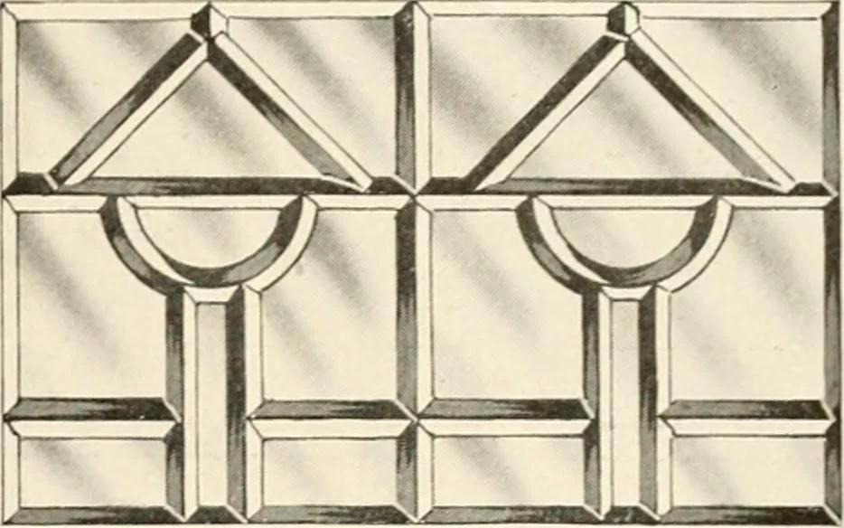 An illustration from International art glass catalogue : art and beveled glass in all its branches : church, memorial, society and domestic windows, Art Nouveau, prism, mitre beveled plate, leaded bevel, etc., 1914, leaf 24