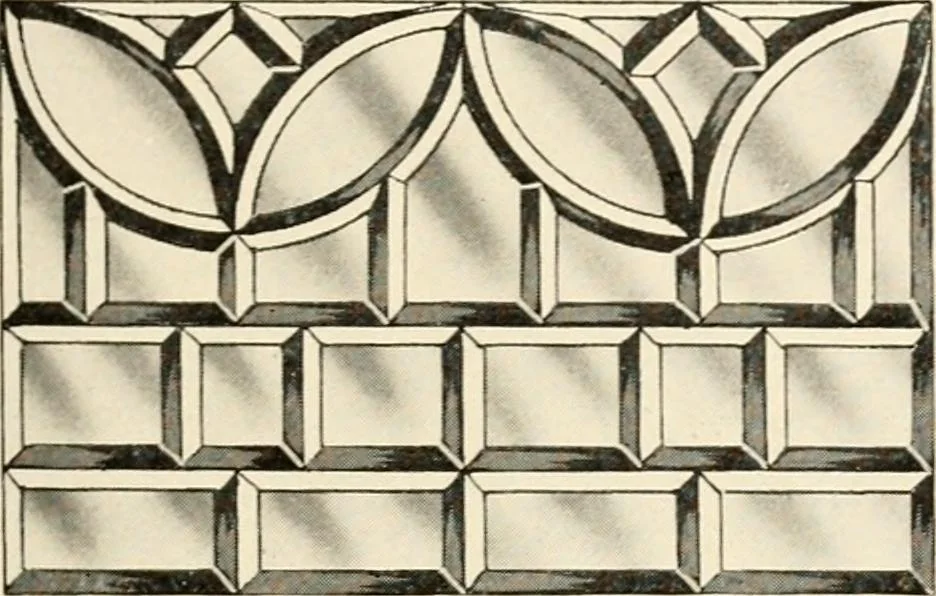 An illustration from International art glass catalogue : art and beveled glass in all its branches : church, memorial, society and domestic windows, Art Nouveau, prism, mitre beveled plate, leaded bevel, etc., 1914, leaf 24
