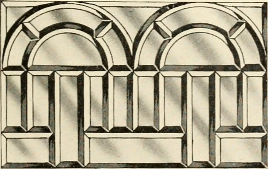An illustration from International art glass catalogue : art and beveled glass in all its branches : church, memorial, society and domestic windows, Art Nouveau, prism, mitre beveled plate, leaded bevel, etc., 1914, leaf 24
