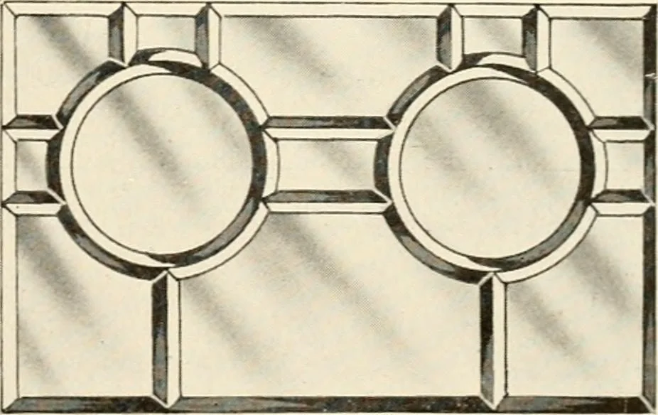An illustration from International art glass catalogue : art and beveled glass in all its branches : church, memorial, society and domestic windows, Art Nouveau, prism, mitre beveled plate, leaded bevel, etc., 1914, leaf 24
