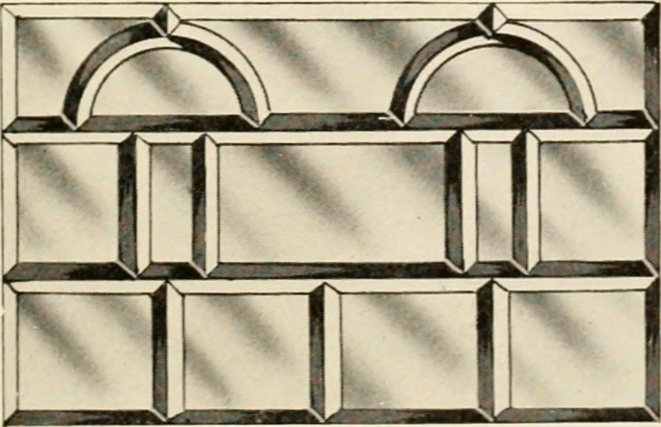 An illustration from International art glass catalogue : art and beveled glass in all its branches : church, memorial, society and domestic windows, Art Nouveau, prism, mitre beveled plate, leaded bevel, etc., 1914, leaf 24