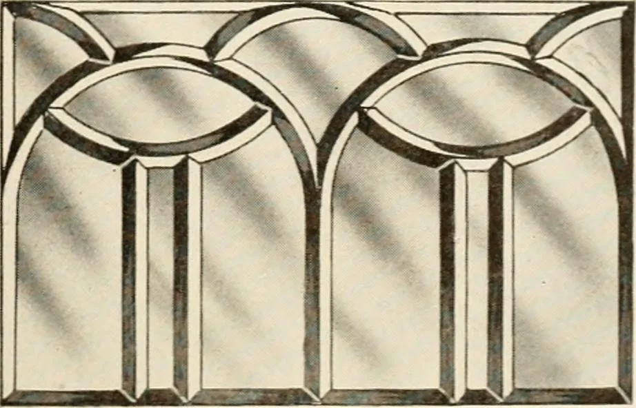 An illustration from International art glass catalogue : art and beveled glass in all its branches : church, memorial, society and domestic windows, Art Nouveau, prism, mitre beveled plate, leaded bevel, etc., 1914, leaf 24