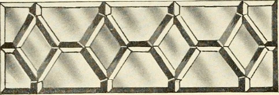 An illustration from International art glass catalogue : art and beveled glass in all its branches : church, memorial, society and domestic windows, Art Nouveau, prism, mitre beveled plate, leaded bevel, etc., 1914, leaf 25