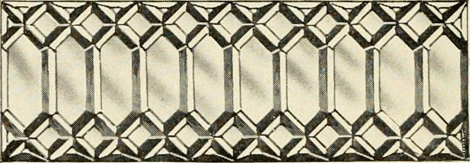 An illustration from International art glass catalogue : art and beveled glass in all its branches : church, memorial, society and domestic windows, Art Nouveau, prism, mitre beveled plate, leaded bevel, etc., 1914, leaf 25