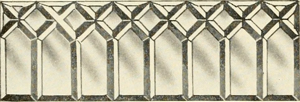 An illustration from International art glass catalogue : art and beveled glass in all its branches : church, memorial, society and domestic windows, Art Nouveau, prism, mitre beveled plate, leaded bevel, etc., 1914, leaf 25