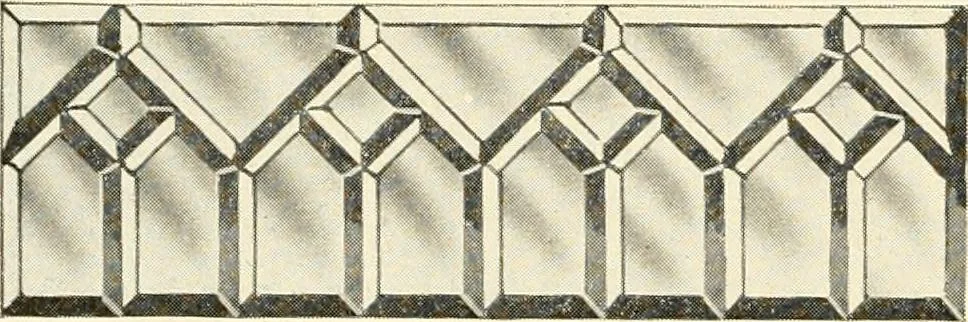 An illustration from International art glass catalogue : art and beveled glass in all its branches : church, memorial, society and domestic windows, Art Nouveau, prism, mitre beveled plate, leaded bevel, etc., 1914, leaf 25