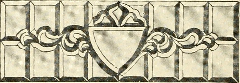 An illustration from International art glass catalogue : art and beveled glass in all its branches : church, memorial, society and domestic windows, Art Nouveau, prism, mitre beveled plate, leaded bevel, etc., 1914, leaf 25
