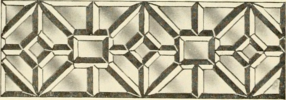 An illustration from International art glass catalogue : art and beveled glass in all its branches : church, memorial, society and domestic windows, Art Nouveau, prism, mitre beveled plate, leaded bevel, etc., 1914, leaf 25