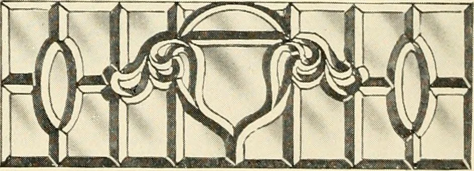 An illustration from International art glass catalogue : art and beveled glass in all its branches : church, memorial, society and domestic windows, Art Nouveau, prism, mitre beveled plate, leaded bevel, etc., 1914, leaf 25